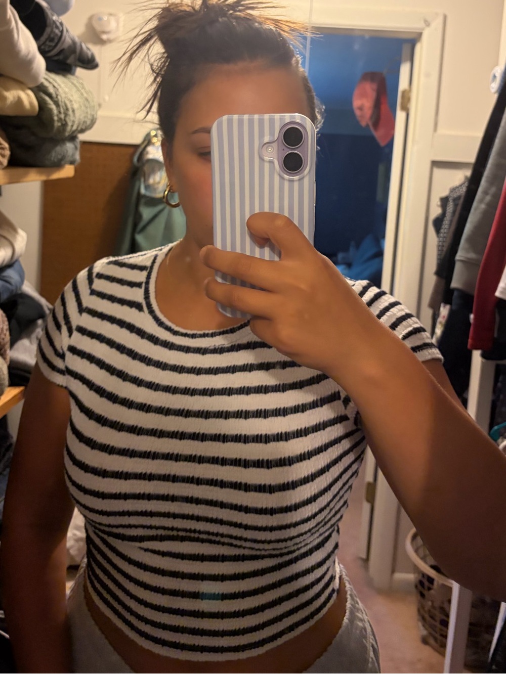gaze Black and White Striped Ribbed Short Sleeve Crop Top